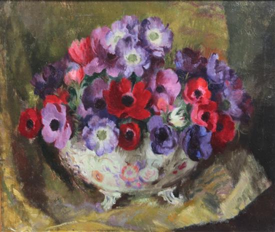 Modern British Still life of peonies in a bowl, 20 x 24in.